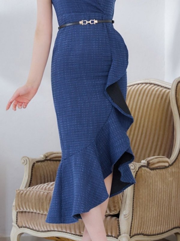 画像6: マーメイドドレス/ツイード/フリル/スリット/谷間見せ/背中隠し/ベルト/ミディアムドレス/キャバドレス【S-Lサイズ/1カラー】[OF01] 【IM】