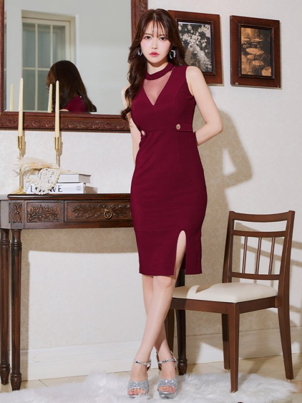 画像3: リブストライプシンプルドレス/ノースリーブ/ホルターネック/シースルー/ゴールドボタン/スリット/谷間見せ/背中隠し/ミディアムドレス/キャバドレス【S-Mサイズ/2カラー】[OF03] 【IM】