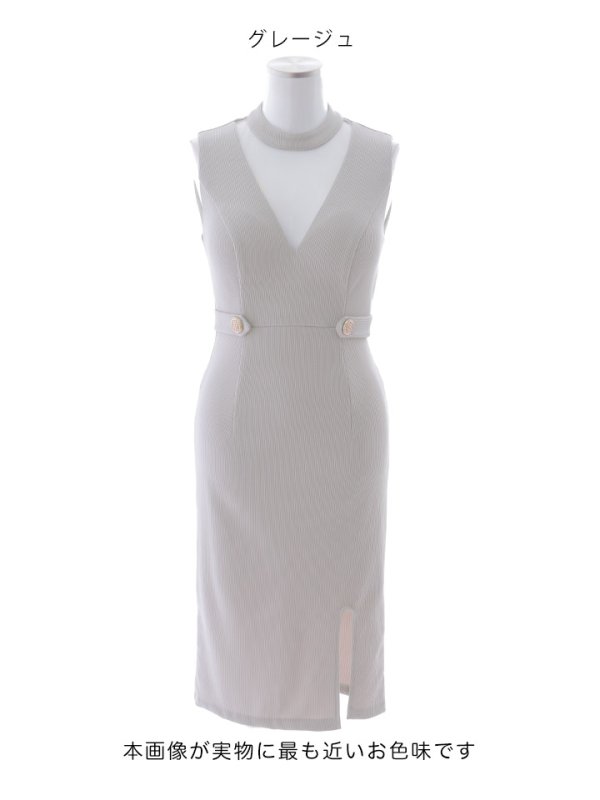 画像16: リブストライプシンプルドレス/ノースリーブ/ホルターネック/シースルー/ゴールドボタン/スリット/谷間見せ/背中隠し/ミディアムドレス/キャバドレス【S-Mサイズ/2カラー】[OF03] 【IM】