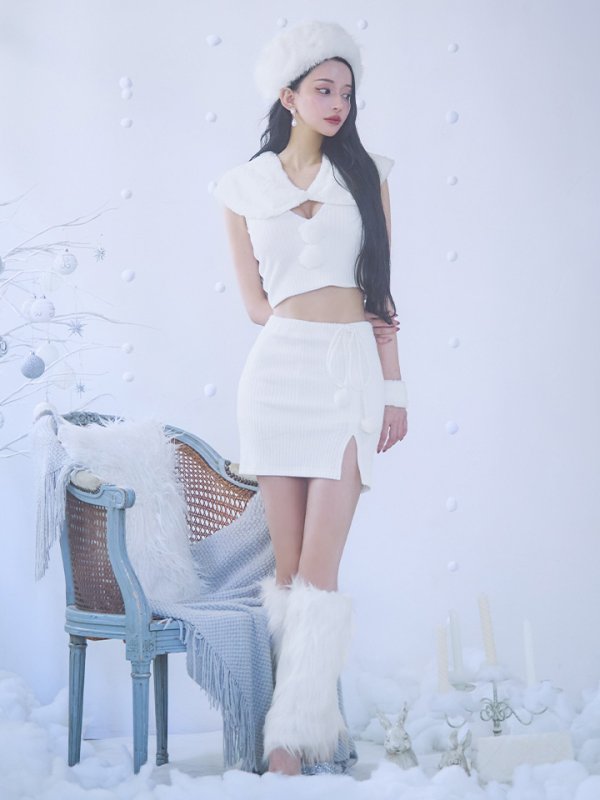 画像4: 【ノベルティ対象】【即日発送！】【サンタコス 5点セット】【XS-Lサイズ/1カラー】ファーティペット付きニットセットアップサンタコスプレ(SLG001)(SFB001)[OF03]