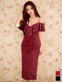 フリルオフショルダーミディアムドレス/キャバドレス【XS-Mサイズ/2カラー】[OF03B] 【IM】