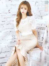 パフスリーブチェックツイードミディアムドレス/キャバドレス【S-Lサイズ/3カラー】[OF05] 