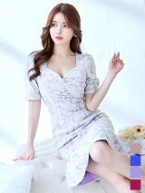 フラワーレース/ ワンカラー/半袖/袖あり/タイト/膝丈/ワンピース/ミディアムドレス/キャバドレス【S-Lサイズ/4カラー】