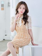 レースボウタイリボンチェックツイードミディアムドレス/キャバドレス【S-Lサイズ/3カラー】