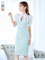 レースボウタイリボンチェックツイードミディアムドレス/キャバドレス【S-Lサイズ/3カラー】