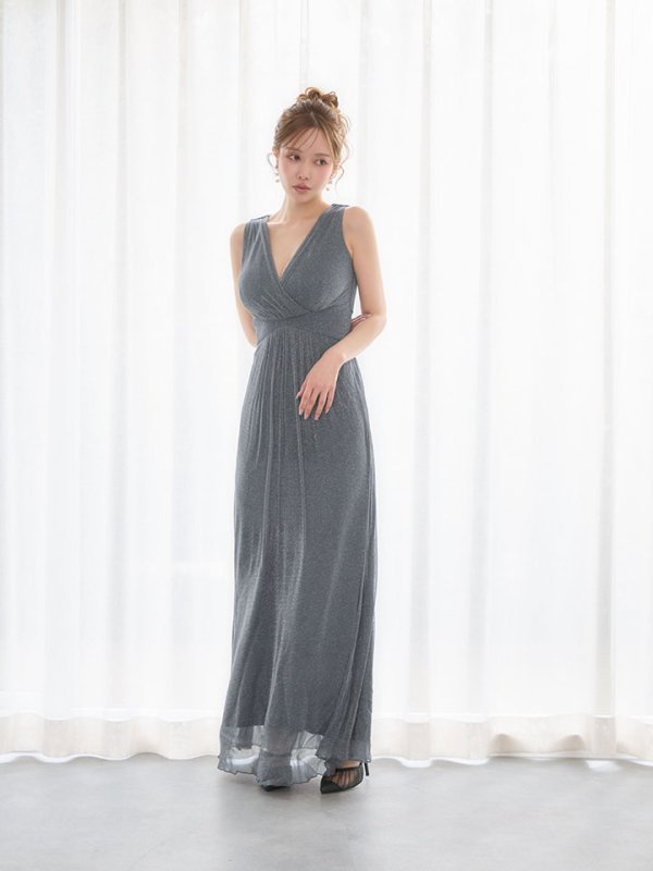 画像9: グリッターラメロングドレス/カシュクール/ノースリーブ/谷間見せ/背中隠し/キャバドレス【S-XLサイズ/2カラー】[OF03B]