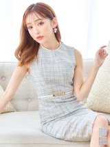 SALE!ツイードミディアムドレス/谷間隠し/背中隠し/ノースリーブ/ワンカラー/ベルト/後ろスリッド/キャバドレス 【S-Mサイズ/2カラー】[OF08]【IM】