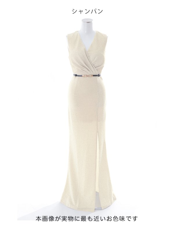 画像37: グリッターラメロングドレス/ワンカラー/カシュクール/ノースリーブ/ベルト/谷間見せ/背中隠し/キャバドレス 【S-Lサイズ/5カラー】[OF03B] 【IM】