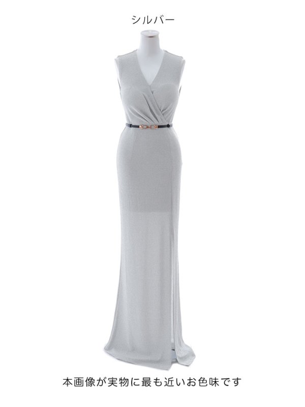 画像35: グリッターラメロングドレス/ワンカラー/カシュクール/ノースリーブ/ベルト/谷間見せ/背中隠し/キャバドレス 【S-Lサイズ/5カラー】[OF03B] 【IM】