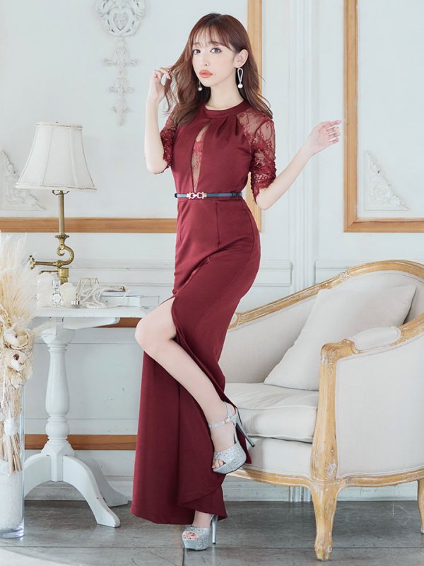 画像12: SALE!花柄刺繍レースドレス/ホルターネック/胸元カット/ベルト/透け感/谷間見せ/ロングドレス/キャバドレス【S-Lサイズ/1カラー】[OF03B-X] 【IM】