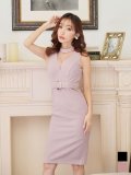 SALE!リブストライプドレス/ホルターネック/ノースリーブ/フェイクベルト/胸元透け/谷間見せ/背中隠し/ミディアムドレス/キャバドレス【S-Mサイズ/2カラー】[OF08] 【IM】