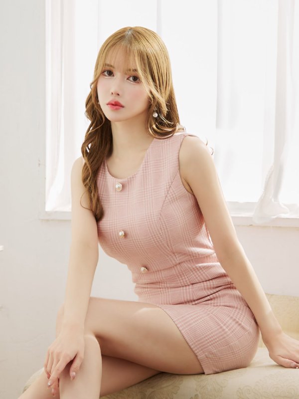 画像9: チェックノースリーブドレス/ボタン/タイトスカート/背中隠し/ノースリーブ/ミニドレス/キャバドレス【XS-Lサイズ/1カラー】[OF03B]【IM】