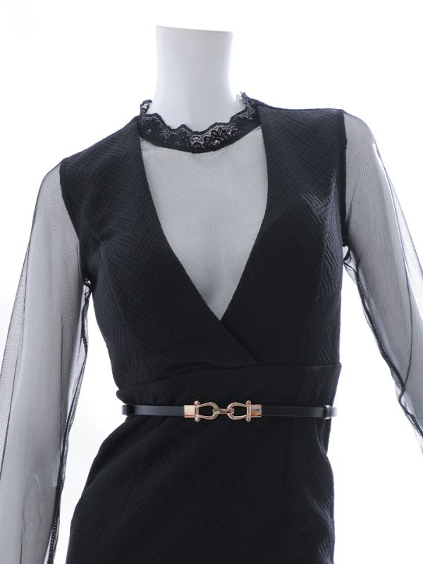 画像14: チュールスリーブドレス/チュール/ロングスリーブ/ベルト/タイト/谷間見せ/ミニドレス/キャバドレス【XS-Lサイズ/1カラー】[OF03B] 【IM】