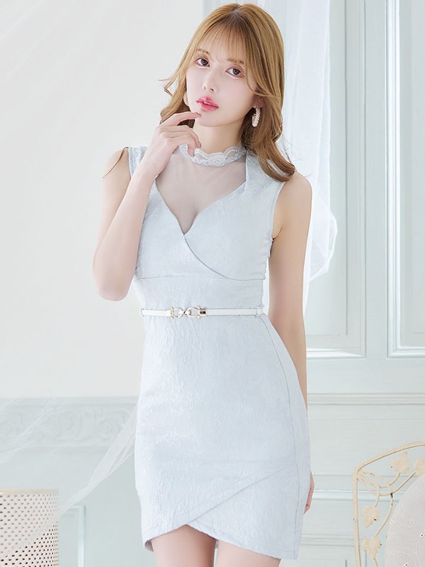 画像3: 花柄刺繍レースドレス/ノースリーブ/ベルト/胸元透け/谷間見せ/背中隠し/ミニドレス/キャバドレス【XS-Mサイズ/1カラー】[OF03B] 【IM】