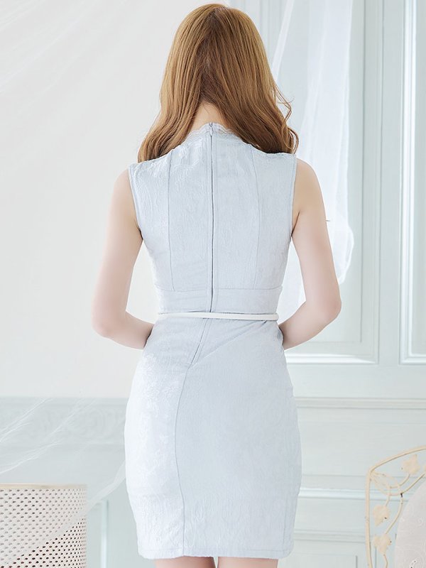 画像6: 花柄刺繍レースドレス/ノースリーブ/ベルト/胸元透け/谷間見せ/背中隠し/ミニドレス/キャバドレス【XS-Mサイズ/1カラー】[OF03B] 【IM】