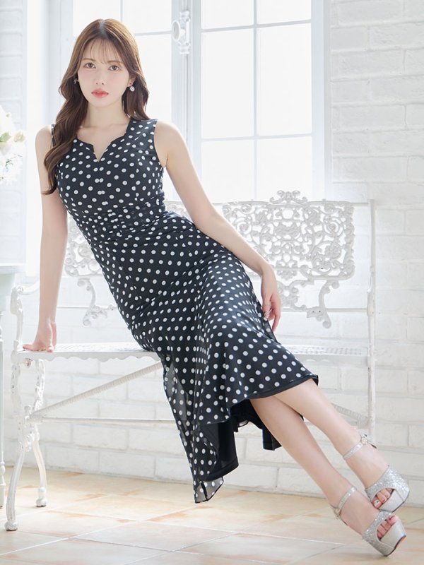 画像17: 水玉ワンピースドレス/フレアー/ノースリーブ/谷間見せ/背中隠し/ミディアムドレス/キャバドレス【S-Lサイズ/2カラー】[OF03B] 【IM】