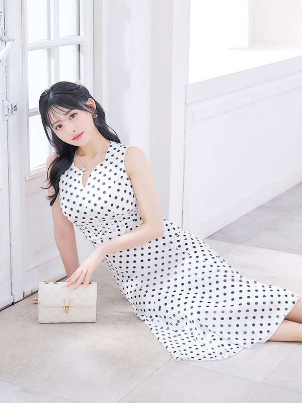 画像10: 水玉ワンピースドレス/フレアー/ノースリーブ/谷間見せ/背中隠し/ミディアムドレス/キャバドレス【S-Lサイズ/2カラー】[OF03B] 【IM】