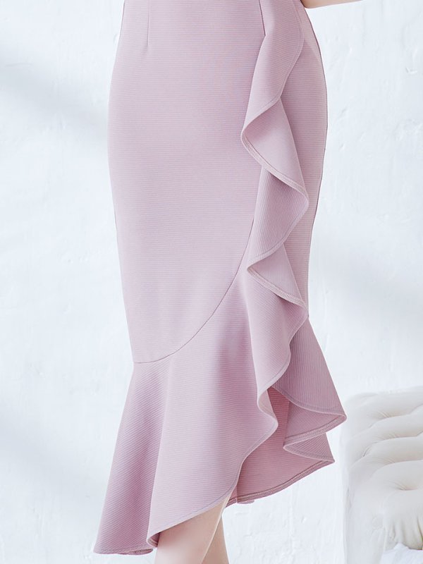 画像6: 再入荷!マーメイドフリルドレス/胸元オープンカット/ベルスリーブ/布ベルト/谷間見せ/背中隠し/ミディアムドレス/キャバドレス【S-Lサイズ/1カラー】[OF03B-U] 【IM】