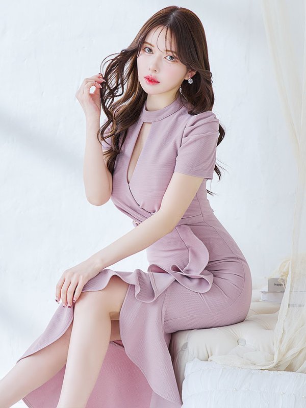 画像9: 再入荷!マーメイドフリルドレス/胸元オープンカット/ベルスリーブ/布ベルト/谷間見せ/背中隠し/ミディアムドレス/キャバドレス【S-Lサイズ/1カラー】[OF03B-U] 【IM】