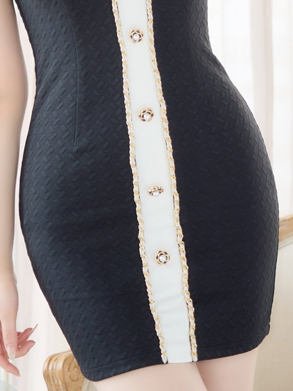 画像6: SALE!フラワーモチーフボタンドレス/ポコポコ生地/チェーン/パール/バイカラー/谷間見せ/背中隠し/ミニドレス/キャバドレス【XS-Lサイズ/2カラー】[OF03B] 【IM】