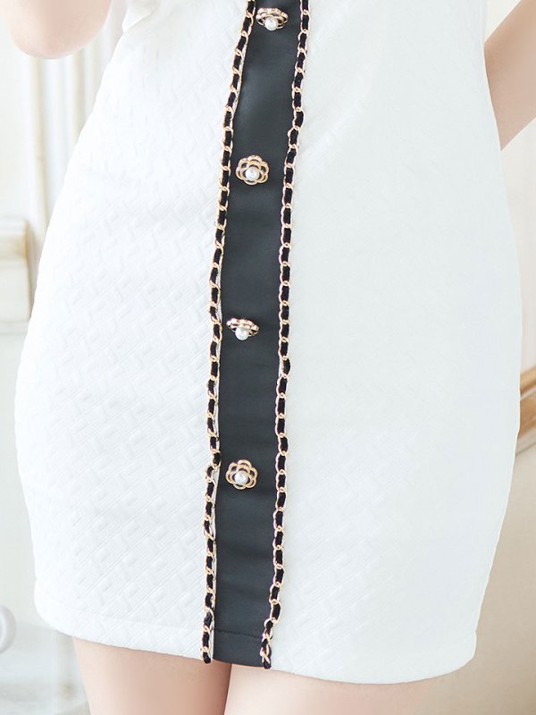 画像6: SALE!フラワーモチーフボタンドレス/ポコポコ生地/チェーン/パール/バイカラー/谷間見せ/背中隠し/ミニドレス/キャバドレス【XS-Lサイズ/2カラー】[OF03B] 【IM】