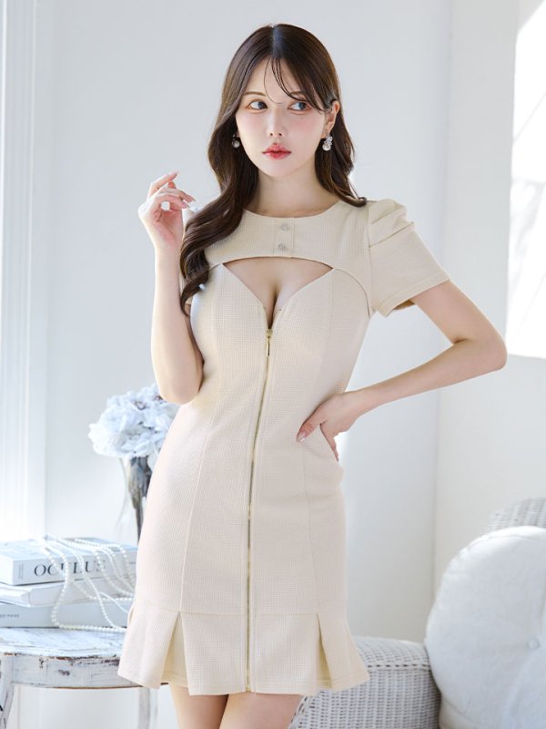 画像7: SALE!ワッフルフロントジップドレス/胸元オープンカット/プリーツスカート/谷間見せ/背中隠し/ミニドレス/キャバドレス【XS-Lサイズ/1カラー】[OF03B] 【IM】