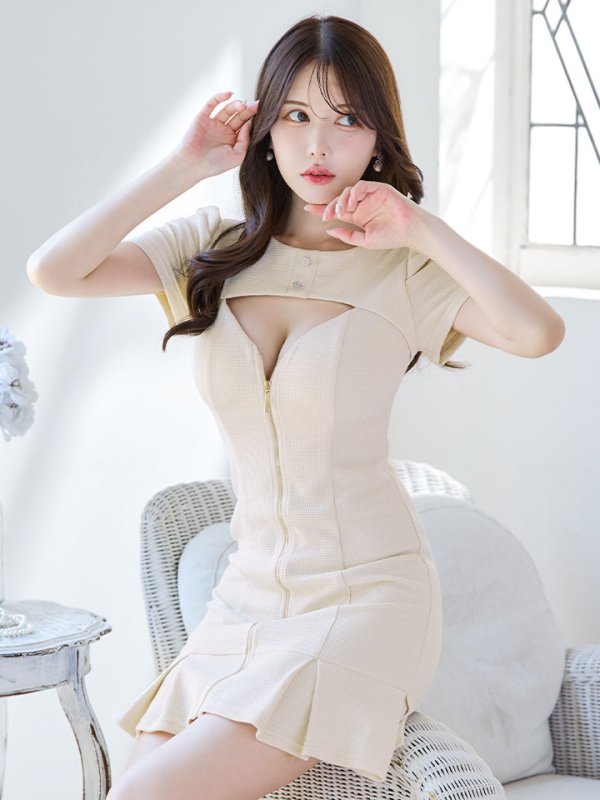 画像10: SALE!ワッフルフロントジップドレス/胸元オープンカット/プリーツスカート/谷間見せ/背中隠し/ミニドレス/キャバドレス【XS-Lサイズ/1カラー】[OF03B] 【IM】