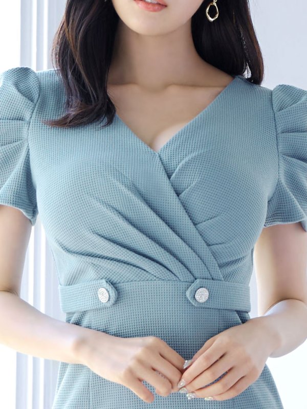 画像4: ワッフルタイトドレス/パフスリーブ/ボタン/谷間見せ/背中隠し/ミニドレス/キャバドレス【S-Mサイズ/1カラー】[OF03B] 【IM】