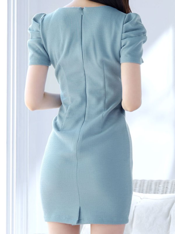 画像6: ワッフルタイトドレス/パフスリーブ/ボタン/谷間見せ/背中隠し/ミニドレス/キャバドレス【S-Mサイズ/1カラー】[OF03B] 【IM】