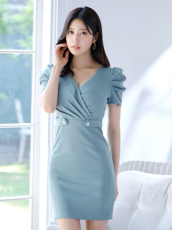 画像12: ワッフルタイトドレス/パフスリーブ/ボタン/谷間見せ/背中隠し/ミニドレス/キャバドレス【S-Mサイズ/1カラー】[OF03B] 【IM】
