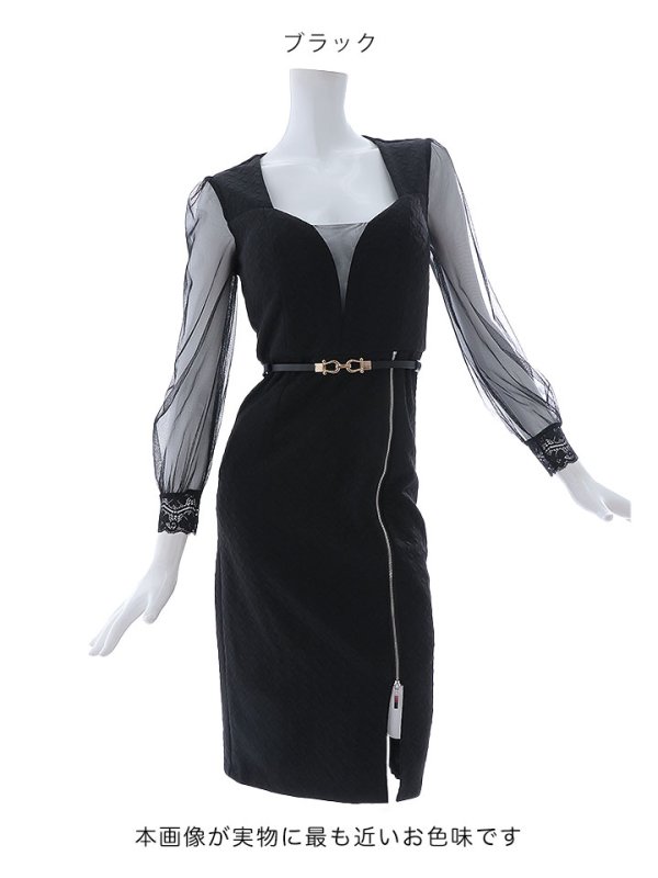 画像12: 再入荷!ジップアップスリットドレス/ポコポコ生地/チュール袖/シアー/透け/ベルト/谷間見せ/背中隠し/ミディアムドレス/キャバドレス【S-XLサイズ/1カラー】[OF03B] 【IM】