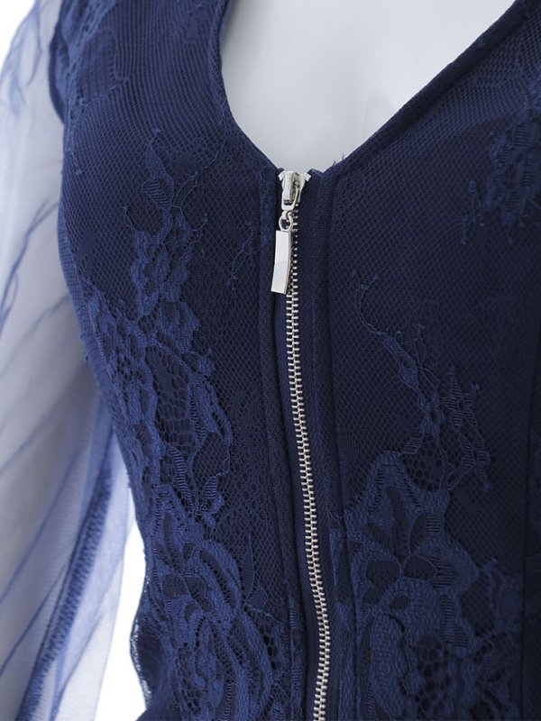 画像14: セットアップミニドレス/2ピース/刺繍レース/フロントジップ/チュール袖/キャバドレス/谷間見せ/ミニドレス/キャバドレス【XS-Lサイズ/1カラー】[OF03B] 【IM】