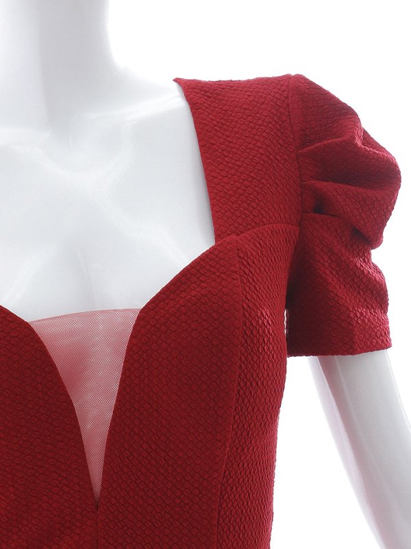 画像13: SALE!ボリューム袖/ポコポコ生地/半袖/胸元透け/シアー/ベルト/谷間見せ/背中隠し/ミディアムドレス/キャバドレス【S-Lサイズ/1カラー】[OF03B] 【IM】