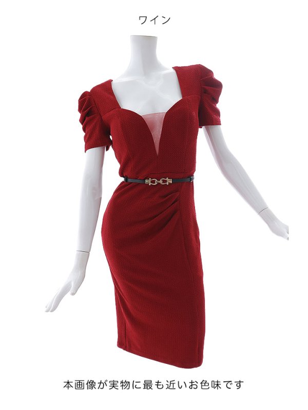 画像11: SALE!ボリューム袖/ポコポコ生地/半袖/胸元透け/シアー/ベルト/谷間見せ/背中隠し/ミディアムドレス/キャバドレス【S-Lサイズ/1カラー】[OF03B] 【IM】