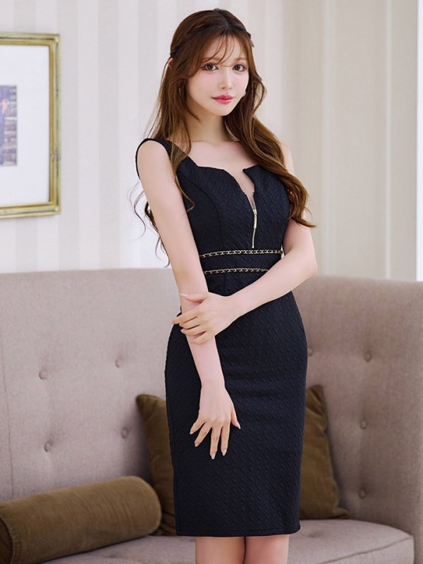 画像7: ノースリーブミディアムタイトドレス/ジップアップ/ワッフル/チェーン/スクエアネック /谷間見せ/背中隠し/ミディアム丈/キャバドレス【XS-Lサイズ/5カラー】[OF03B]【IM】