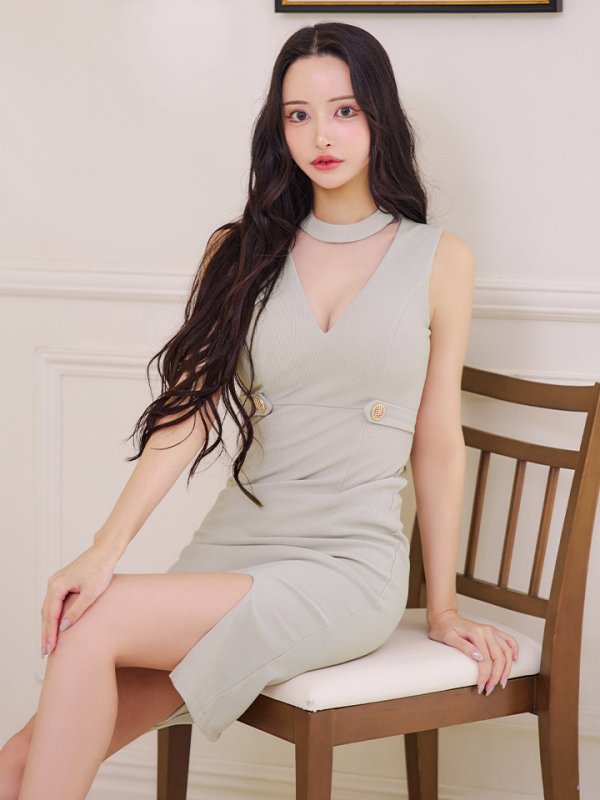 画像12: リブストライプシンプルドレス/ノースリーブ/ホルターネック/シースルー/ゴールドボタン/スリット/谷間見せ/背中隠し/ミディアムドレス/キャバドレス【S-Mサイズ/2カラー】[OF03] 【IM】