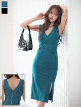 襟付き/バストビジュー/谷間見せ/背中見せ/ノースリーブ/ラメ生地/ストレッチ/タイト/スリット/ミディアムドレス/キャバドレス【S-Mサイズ/2カラー】[OF03]【IM】dzmgFV