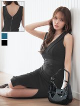 襟付き/バストビジュー/谷間見せ/背中見せ/ノースリーブ/ラメ生地/ストレッチ/タイト/スリット/ミディアムドレス/キャバドレス【S-Mサイズ/2カラー】[OF03]【IM】dzmgFV