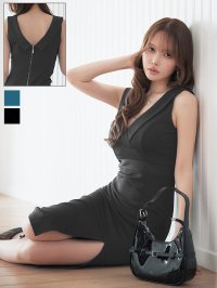 襟付き/バストビジュー/谷間見せ/背中見せ/ノースリーブ/ラメ生地/ストレッチ/タイト/スリット/ミディアムドレス/キャバドレス【S-Mサイズ/2カラー】[OF03]【IM】dzmgFV