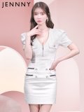 【JENNNY】ビジューツイードドレス/タイト/ジップアップ/パフスリーブ/谷間見せ/背中隠し/ミニドレス/キャバドレス【S-Mサイズ/1カラー】[OF04] 【KND】