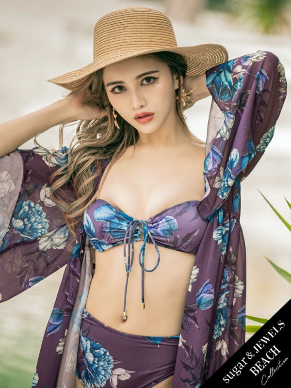 画像3: 【即日発送】【水着セール】【水着】バンドゥハイウエストモーヴパープルフラワービキニ[YMT]