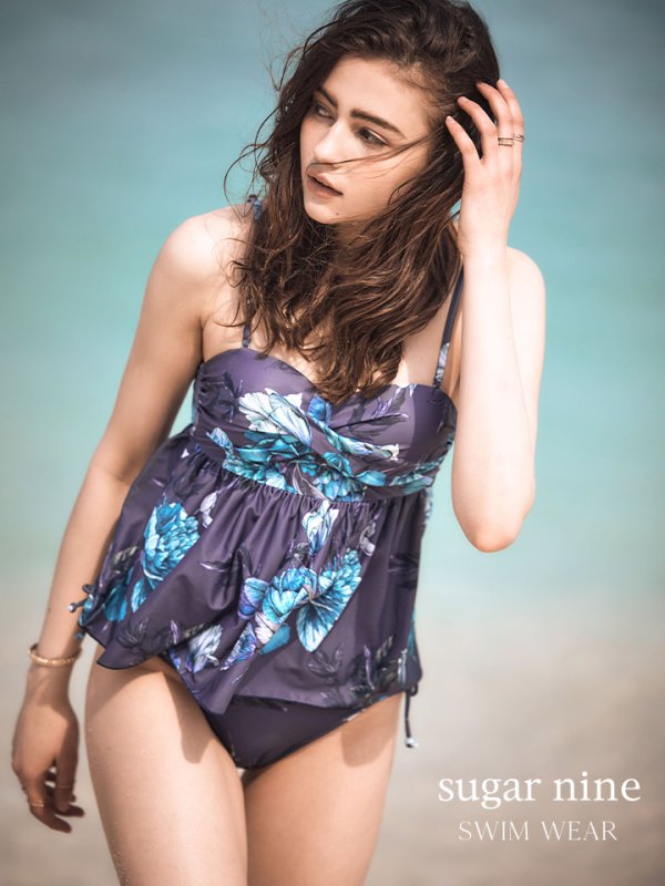 画像6: 【即日発送】値下げ！【ビキニ】【水着】ペプラムフリル/ バンドゥ/ ハイウエスト/ モーヴパープルフラワービキニ [YMT]