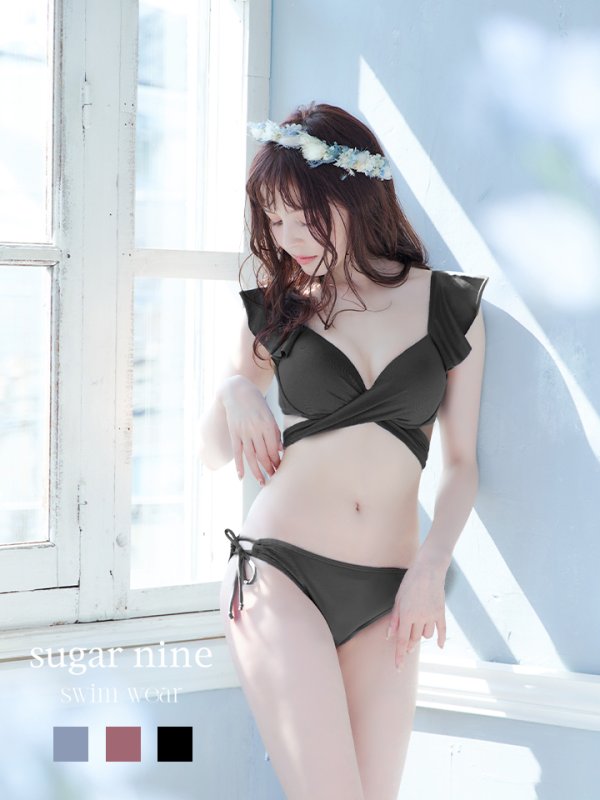 画像1: 【即日発送！】【ビキニ】【水着】ショルダーフリルクロスビキニ/無地/シンプル[YMT]