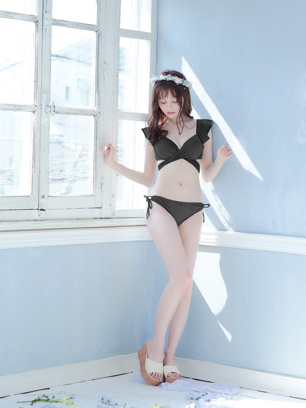 画像2: 【即日発送！】【ビキニ】【水着】ショルダーフリルクロスビキニ/無地/シンプル[YMT]