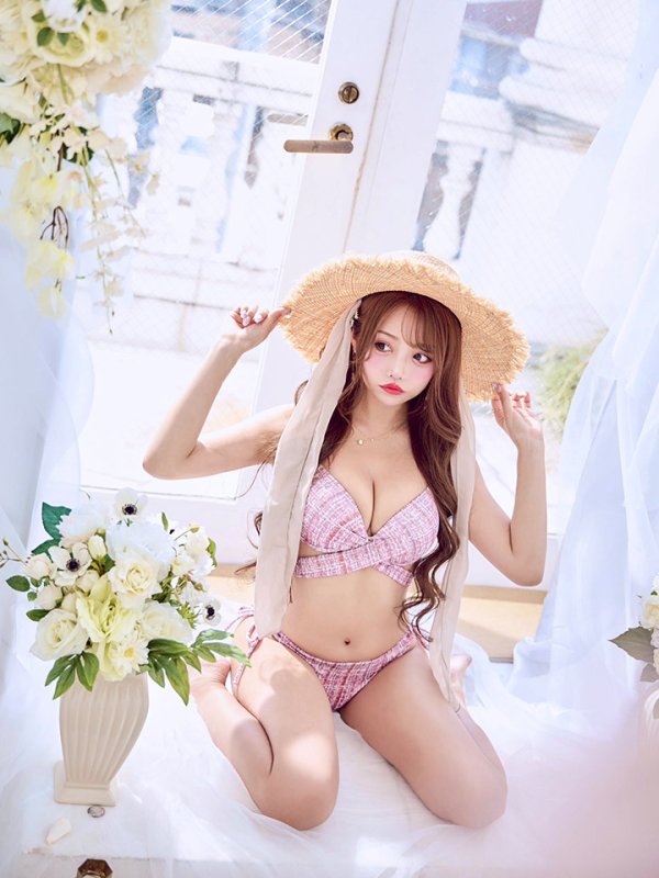 画像11: 【即日発送】【ビキニ】【水着】ツイードプリント バッククロスリボン クロスビキニ 2点セット[YMT]