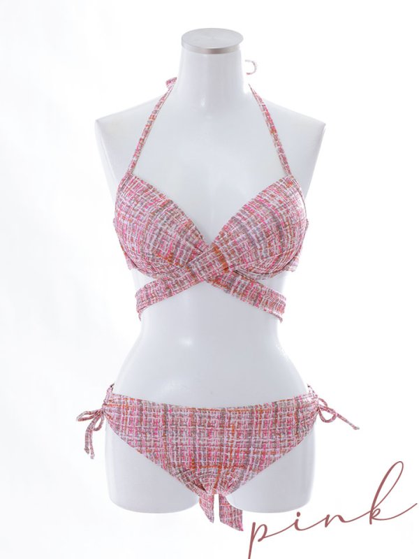 画像46: 【即日発送】【ビキニ】【水着】ツイードプリント バッククロスリボン クロスビキニ 2点セット[YMT]