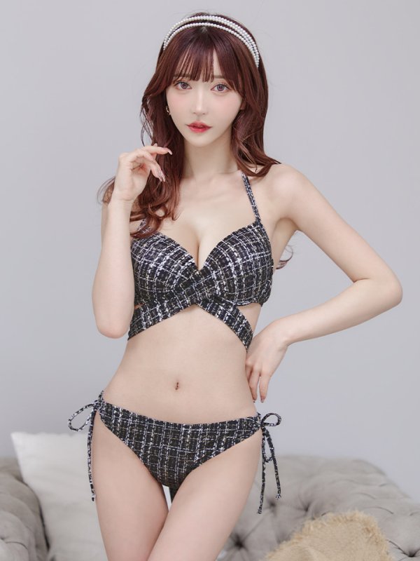 画像3: 【即日発送】【ビキニ】【水着】ツイードプリント バッククロスリボン クロスビキニ 2点セット[YMT]