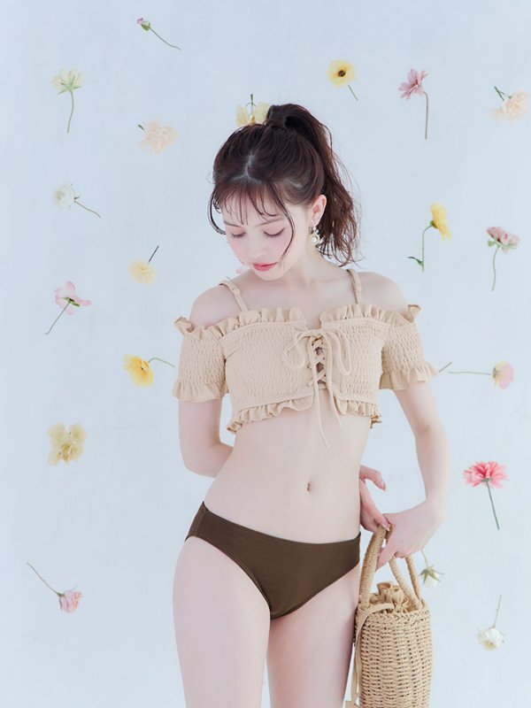 画像9: 【即日発送】【水着セール】【ビキニ】【水着】オフショルビキニ /無地/シャーリング/ニット/2点セット[YMT]