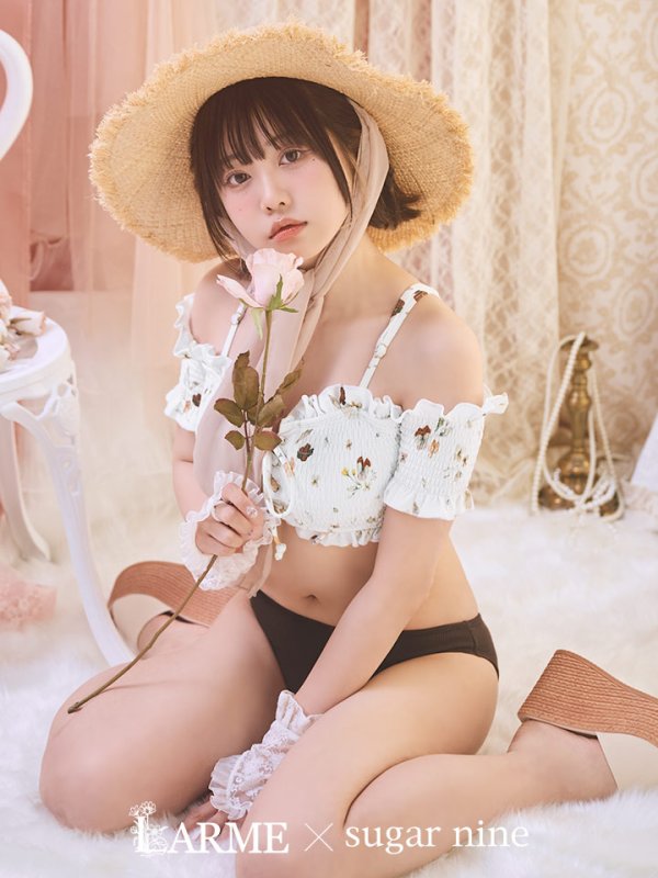 画像1: 【ビキニ】【水着】オフショルビキニ /花柄/シャーリング/ニット/2点セット[YMT]