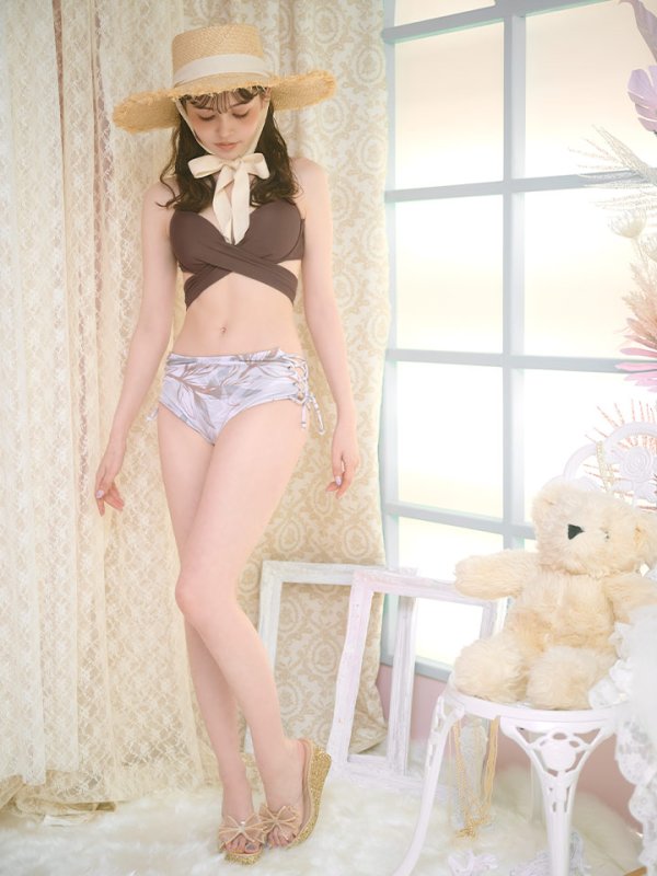 画像4: 【即日発送】【水着セール】【ビキニ】【水着】リーフ柄バッククロスリボンビキニ/ハイウエスト[YMT]
